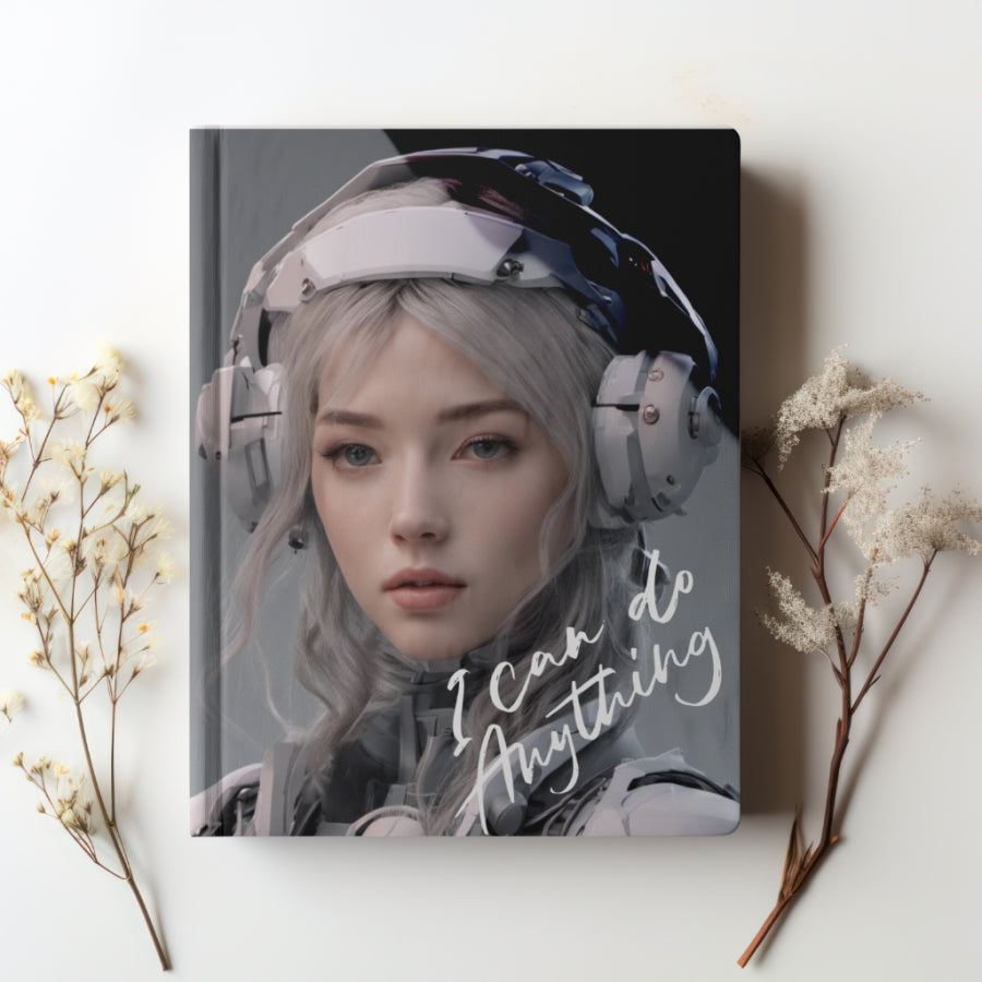 Pretty girl with white hair wearing a white spaceage style combat uniform with the words "I can do anything."